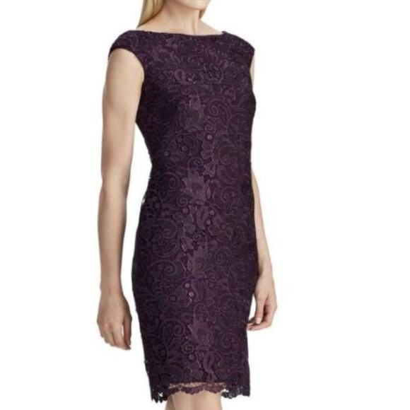 Lauren Ralph Lauren Scalloped Lace Sheath Dress Plum Size 12P - Picture 1 of 8